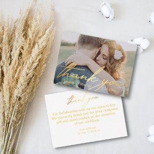 thank you,gold handwriting wedding photo card