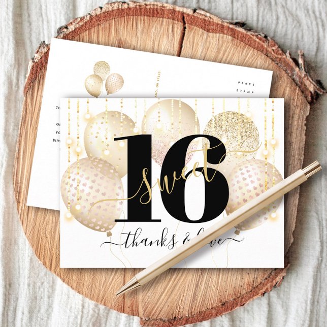 Thank You Gold Luxury Sweet 16 Birthday Balloons Postcard (Creator Uploaded)