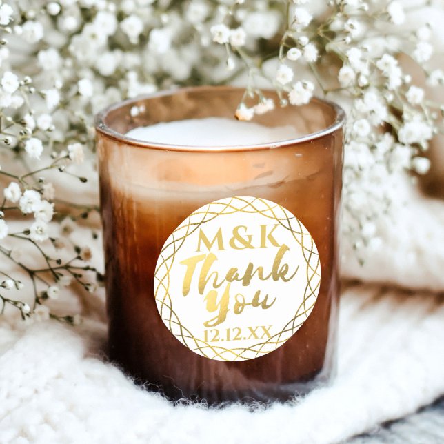 Thank You Gold Monogram Wedding Favour Sticker (Just add your initials and special date this these fancy faux foil stickers.)