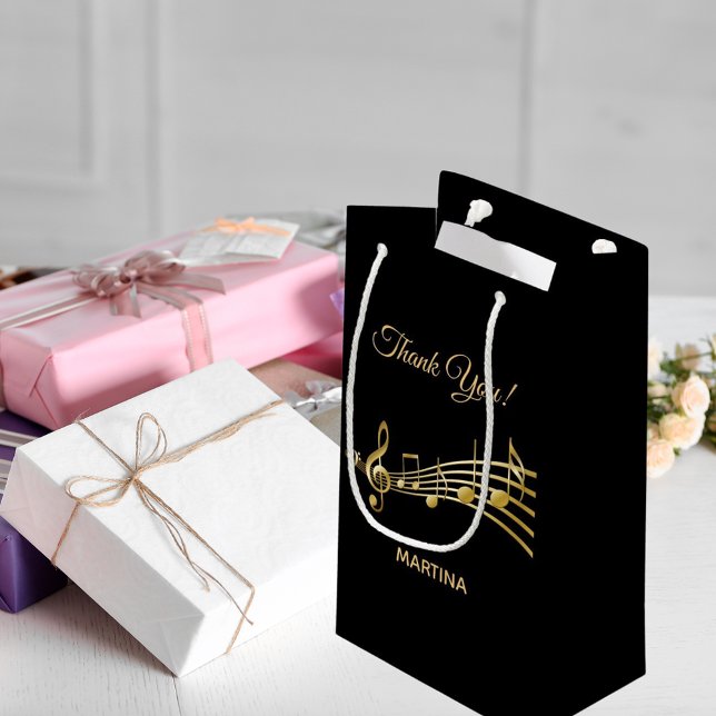 Thank You gold music notes on elegant black Small Gift Bag (Creator Uploaded)
