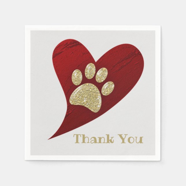 Thank You Gold Paw Print Red Heart Appreciation Napkin (Front)