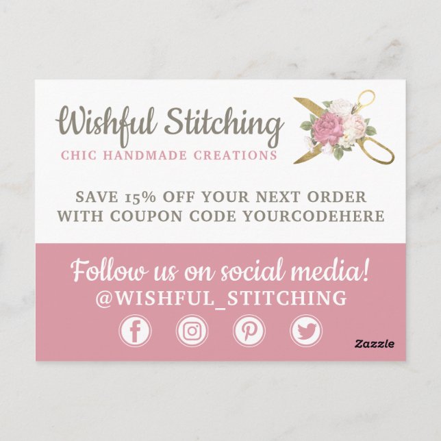 Thank You Gold Sewing Scissors Shabby Chic Floral Postcard (Back)