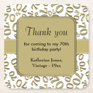 Thank You: Gold/White 70th Random Number Pattern Square Paper Coaster