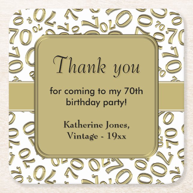 Thank You: Gold/White 70th Random Number Pattern Square Paper Coaster (Front)