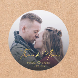 thank you,golden chic handwriting wedding photo   classic round sticker