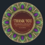 Thank You Golden Peacock Feathers Mandala  Classic Round Sticker<br><div class="desc">Bold and beautiful design : Customisable text with a circle of peacock feathers. Gorgeous greens and purples colours with rich gold trims. | These decorative custom name and details makes standout design for many special events - fully customisable ♥ Engagement / Wedding (or anniversary) keepsake gifts for the special couple...</div>