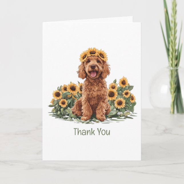 Thank You Goldendoodle Dog Sunflower Crown Card (Front)
