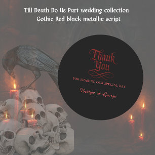 Thank you Gothic Red Metallic Script on Black Classic Round Sticker