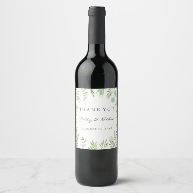 Thank You Green Leaf Wreath Wedding Wine Label (Front)