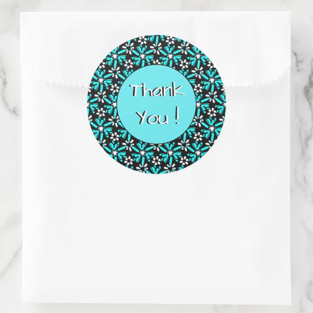 Thank You Groovy Batik Turquoise Flower Pattern  Classic Round Sticker (Bag)