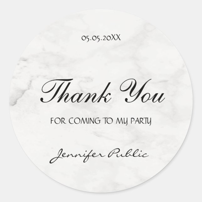 Thank You Hand Script Text Party Template Marble Classic Round Sticker (Front)