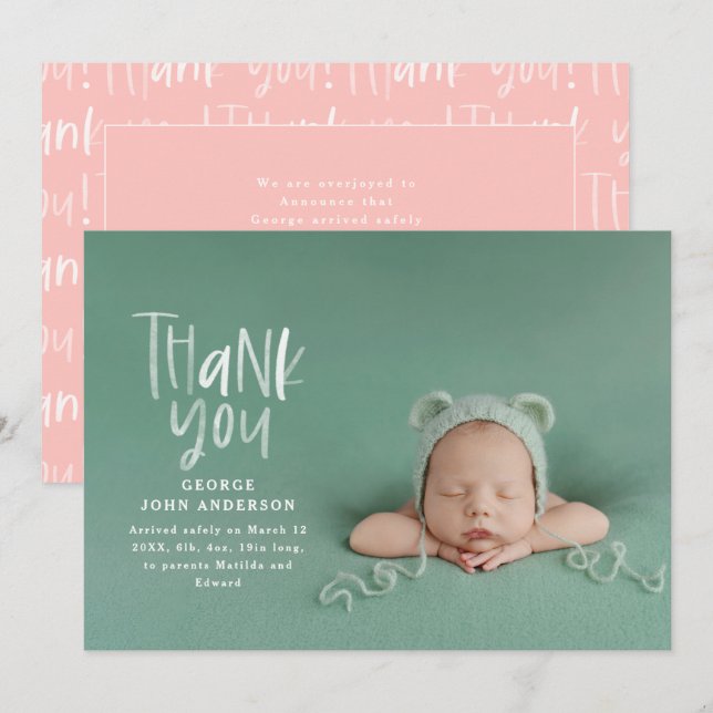 Thank you hand written modern pink girly photo announcement (Front/Back)