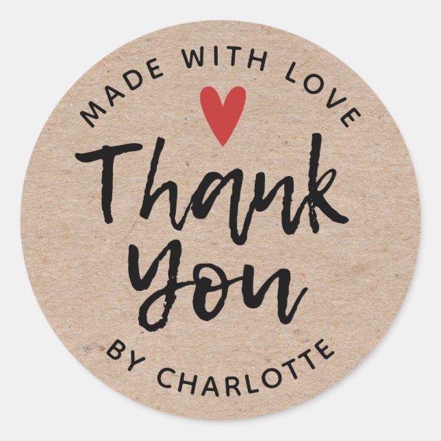 Thank You Handmade With Love Rustic Kraft Classic Round Sticker (Front)