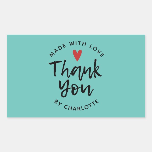 Thank You Handmade With Love Teal Rectangular Sticker (Front)