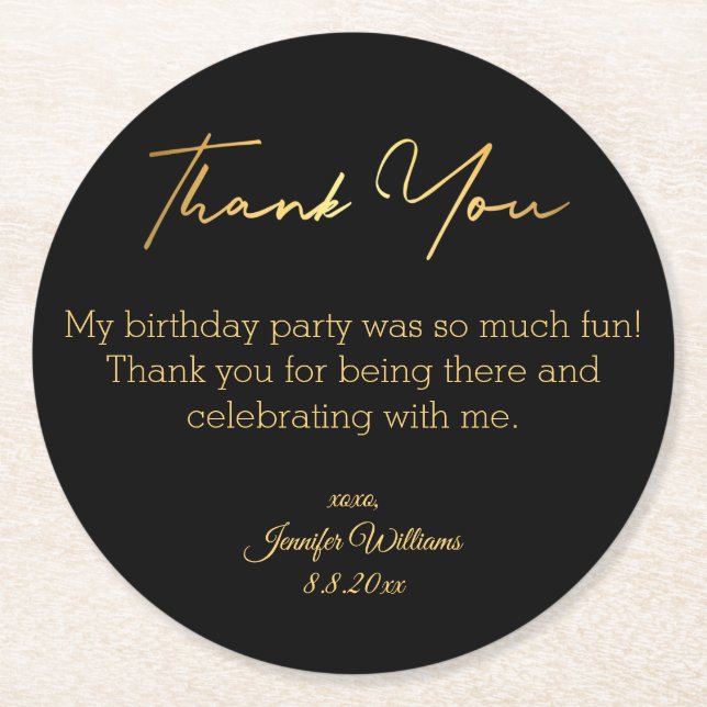 thank you happy birthday black gold minimal chic round paper coaster (Front)