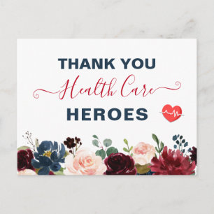 Thank You Healthcare Heroes Burgundy Navy Floral Postcard