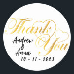 thank you heart gold classic round sticker<br><div class="desc">Typography design of thank you for the wedding with gold colour heart variations</div>