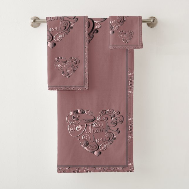 "Thank you" Heart on Dusty Rose Bath Towel Set (Insitu)