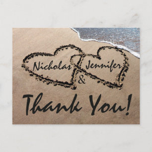 Thank You Hearts Written In Sand Wedding Postcard
