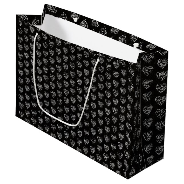 Thank you in 44langs as white heart shaped pattern large gift bag (Front Angled)
