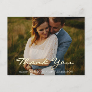 Thank You In Love Wedding Photo Golden Script Blue Postcard