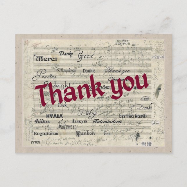 Thank You in Many Languages on Beethoven Score Postcard (Front)
