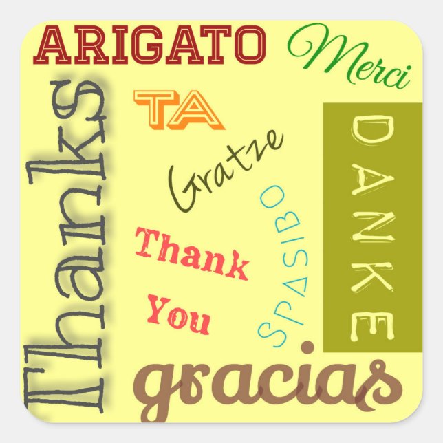 Thank You in Many Languages Typography Design Square Sticker (Front)