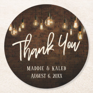 Thank You, Industrial Bricks w/ Edison Lights Round Paper Coaster