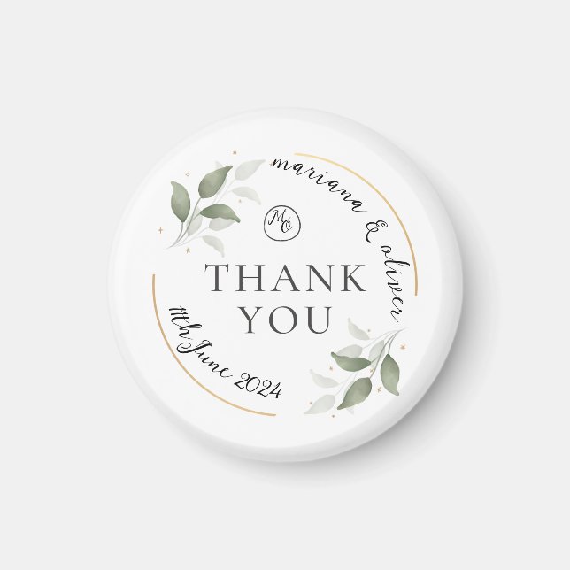 Thank you Intial Wedding Favours Leaf Gold Design Magnet (Front)