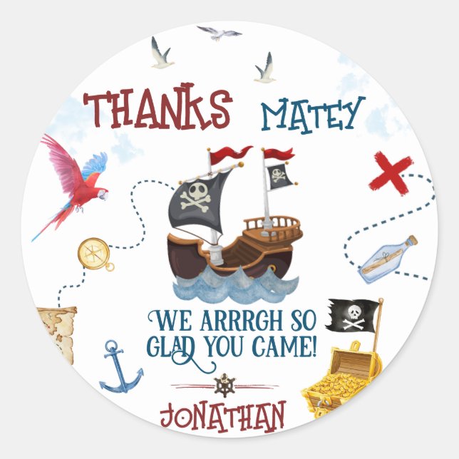 Thank you Kids pirate party Baby boy birthday Classic Round Sticker (Front)