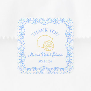 Thank You Lemon Blue Tiles Custom Bridal Shower Square Sticker