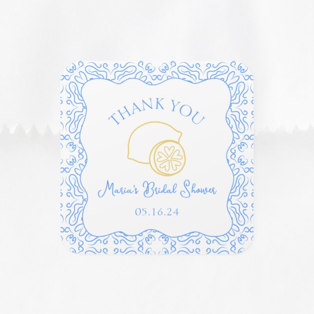 Thank You Lemon Blue Tiles Custom Bridal Shower Square Sticker (Creator Uploaded)