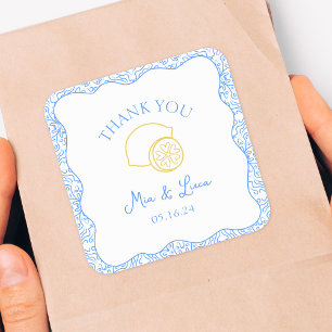 Thank You Lemon Blue Tiles Personalised Wedding Square Sticker