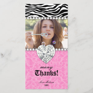 Thank You leopard zebra Lace Pearls Jewel Sweet 16 Card