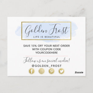 Thank You Light Blue Watercolor & Modern Gold Geo Postcard