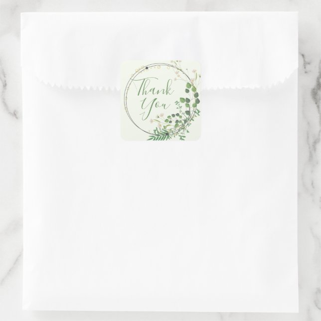 Thank You Light Green Greenery Wreath Square Sticker (Bag)