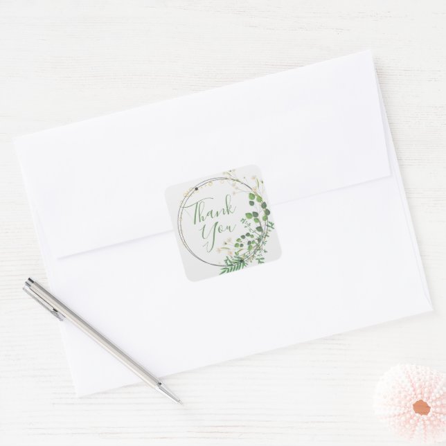 Thank You Light Grey Greenery Wreath Square Sticker (Envelope)