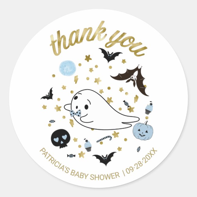 Thank You Little Boo Halloween Boy Baby Shower Classic Round Sticker (Front)
