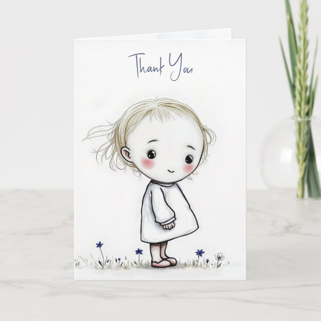 Thank You Little Girl Sketch With Wildflowers Card (Front)