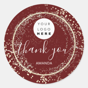 Thank You Logo Gold Glitter Burgundy Frame Classic Round Sticker