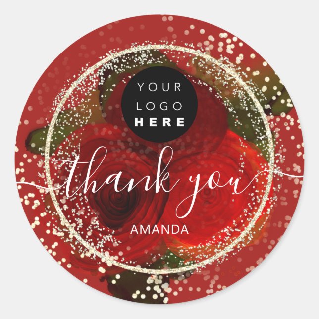 Thank You Logo Gold Roses Black Glitter Red  Classic Round Sticker (Front)