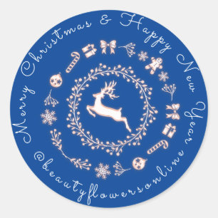 Thank You Logo  Merry Christmas Reindeer Blue Roya Classic Round Sticker