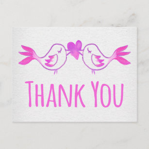 Thank You Lovebirds Pink Fuchsia Watercolor Grey Postcard