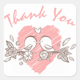 Thank You Lovebirds Pink Heart Wedding Square Sticker