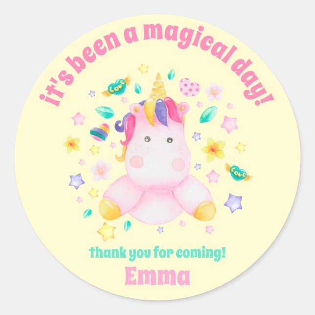 Thank You, Magical Day- Cute Unicorn Kids Birthday Classic Round Sticker (Front)