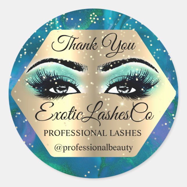 Thank YOU  Makeup Artist Gold LASHES Blue Teal Classic Round Sticker (Front)