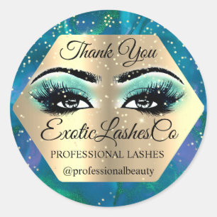 Thank YOU Makeup Artist Gold LASHES Blue Teal Classic Round Sticker