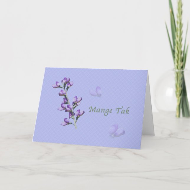 Thank You, Mange Tak, Danish, Purple Sweet Peas You Card (Front)