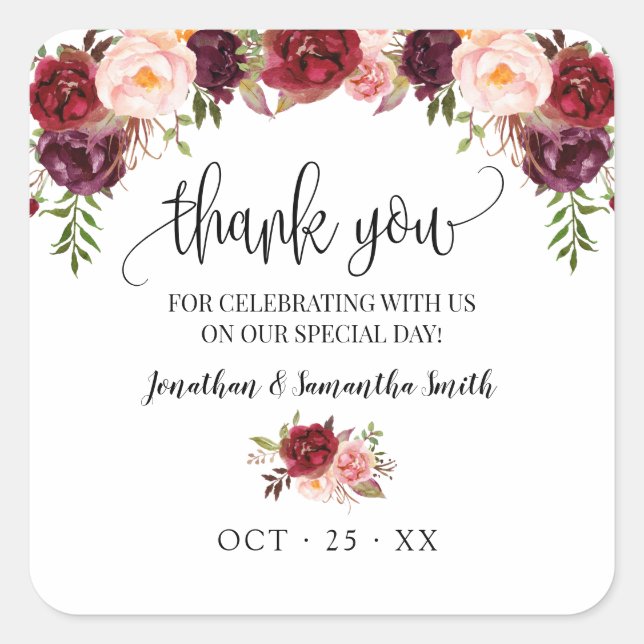 Thank you marsala floral boho chic wedding square sticker (Front)