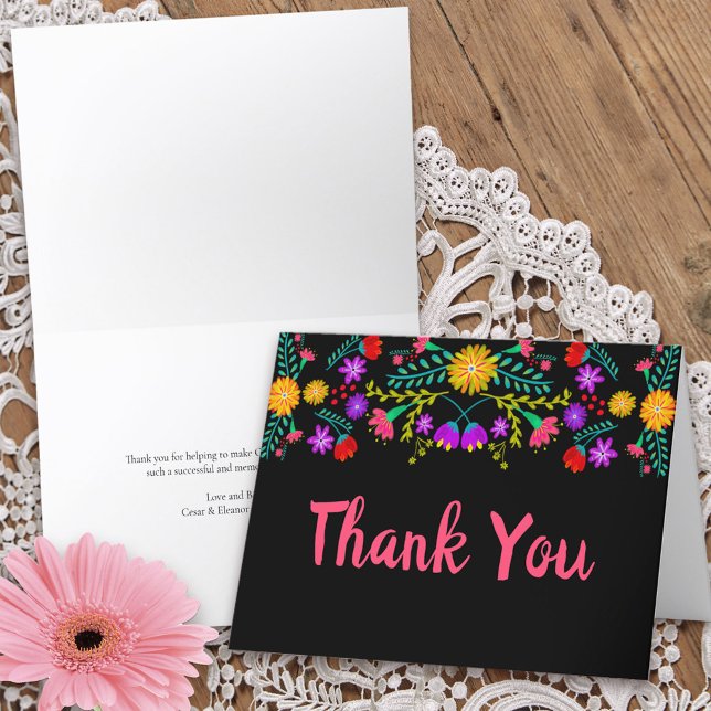 Thank You Mexican Fiesta Flowers Black Folded Card (Thank You card for quinceanera  or other special event from my Mexican Fiesta Floral collection)